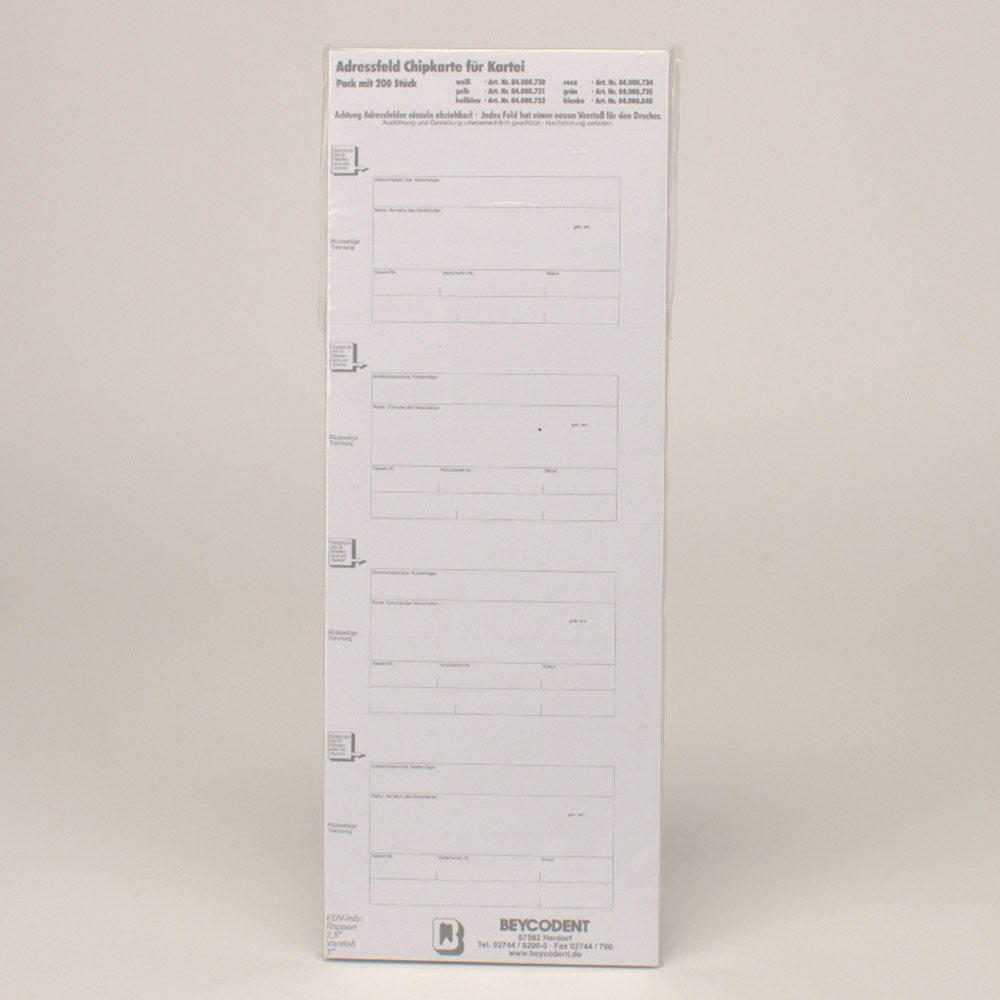 Adressfeldstreifen für Chipkartenausdruck zusätzlicher Zeile 94 x 65 mm weiß, Packung