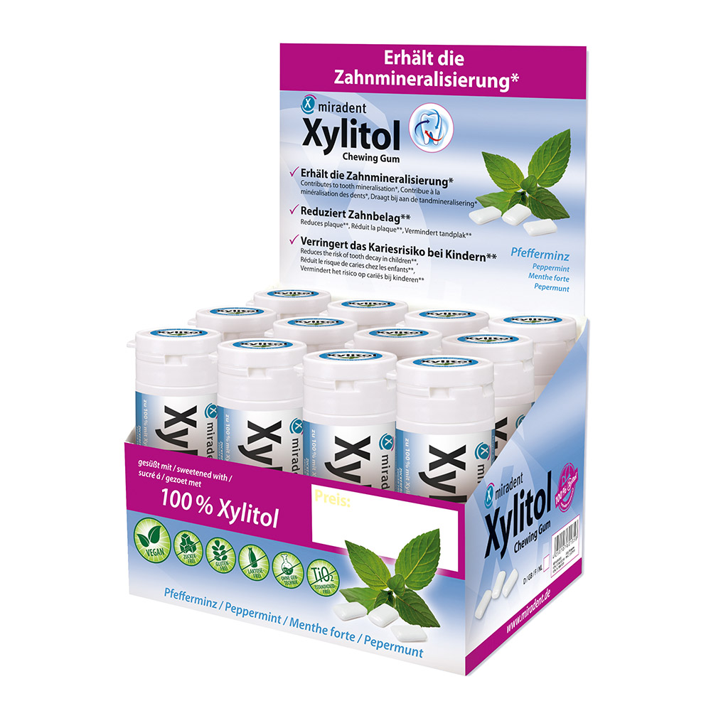 miradent Xylitol Gum Peppermint, 12 x 30 Stück Dose