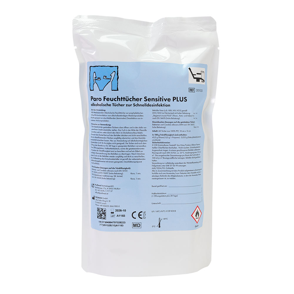 Paro Feuchttücher Sensitive Plus kleine Flächen und Instrumente, Packung 12 x 60 Tücher