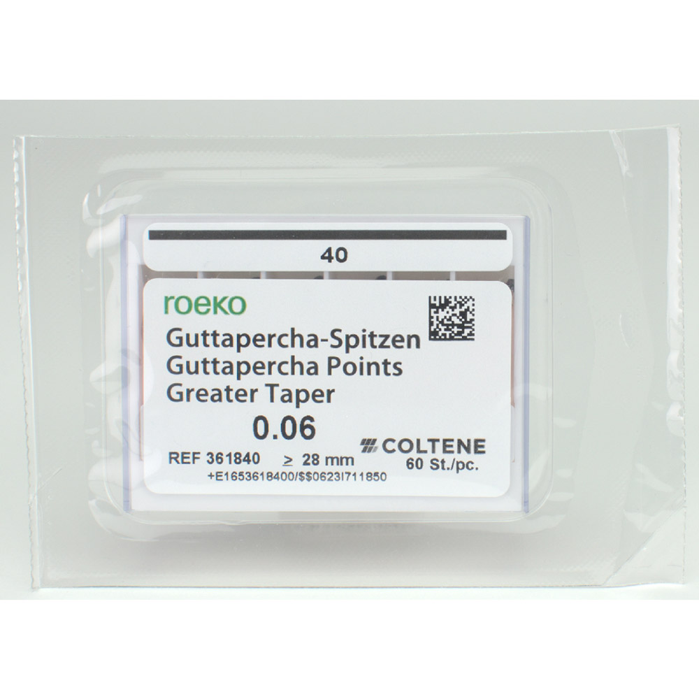 Pointes de gutta-percha taille Taper 6/40, 60 pièces