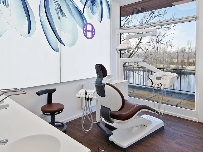 Behandlungszimmer mit braunem Behandlungsstuhl.