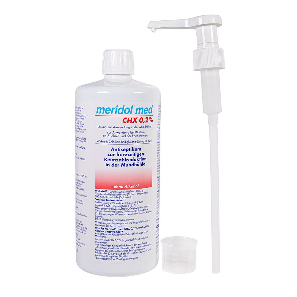 Meridol med CHX 0,2% inkl. Pumpe + Messkappe, 1 L Flasche@