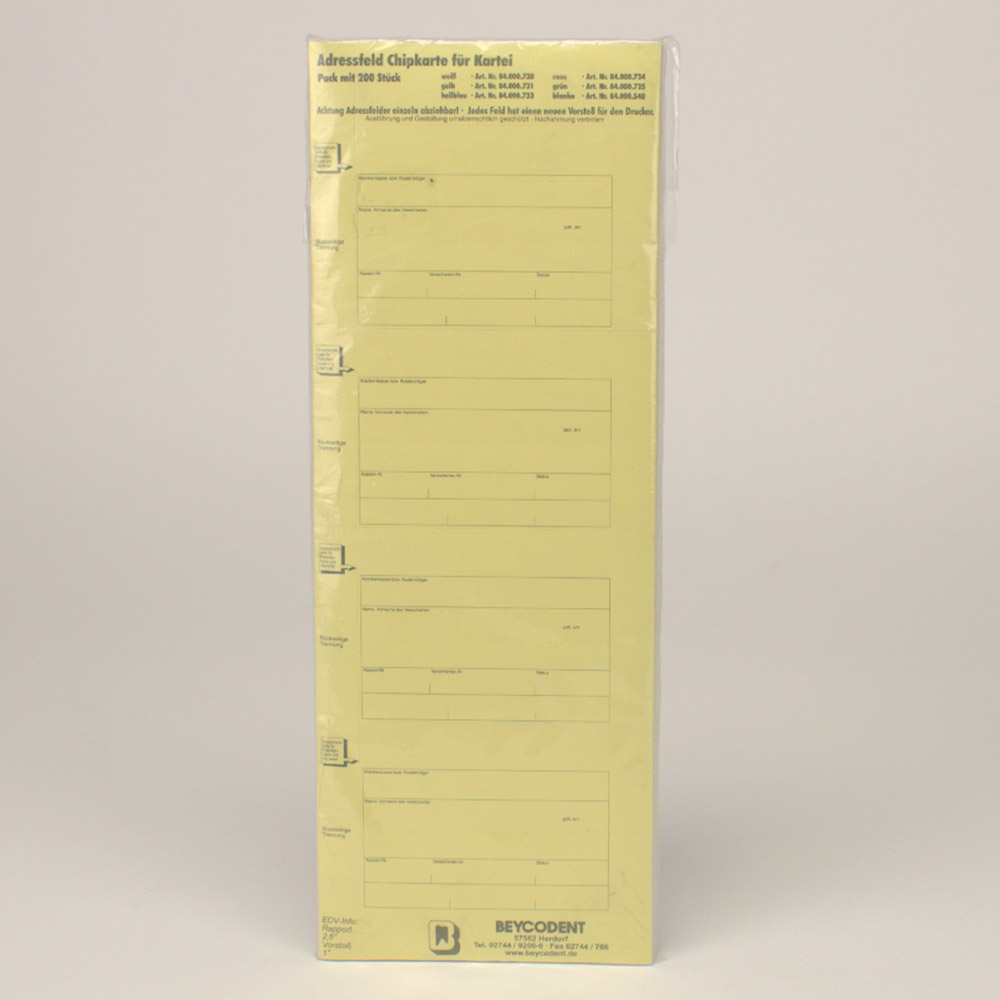Adressfeldstreifen für Chipkartenausdruck zusätzlicher Zeile 94 x 65 mm gelb, Packung