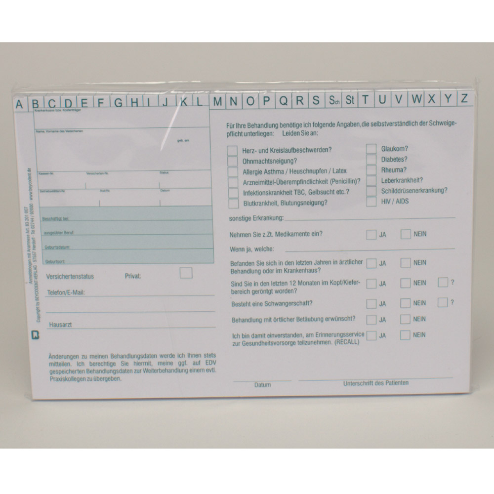 Anmeldebogen + Anamnese deutsch, Block