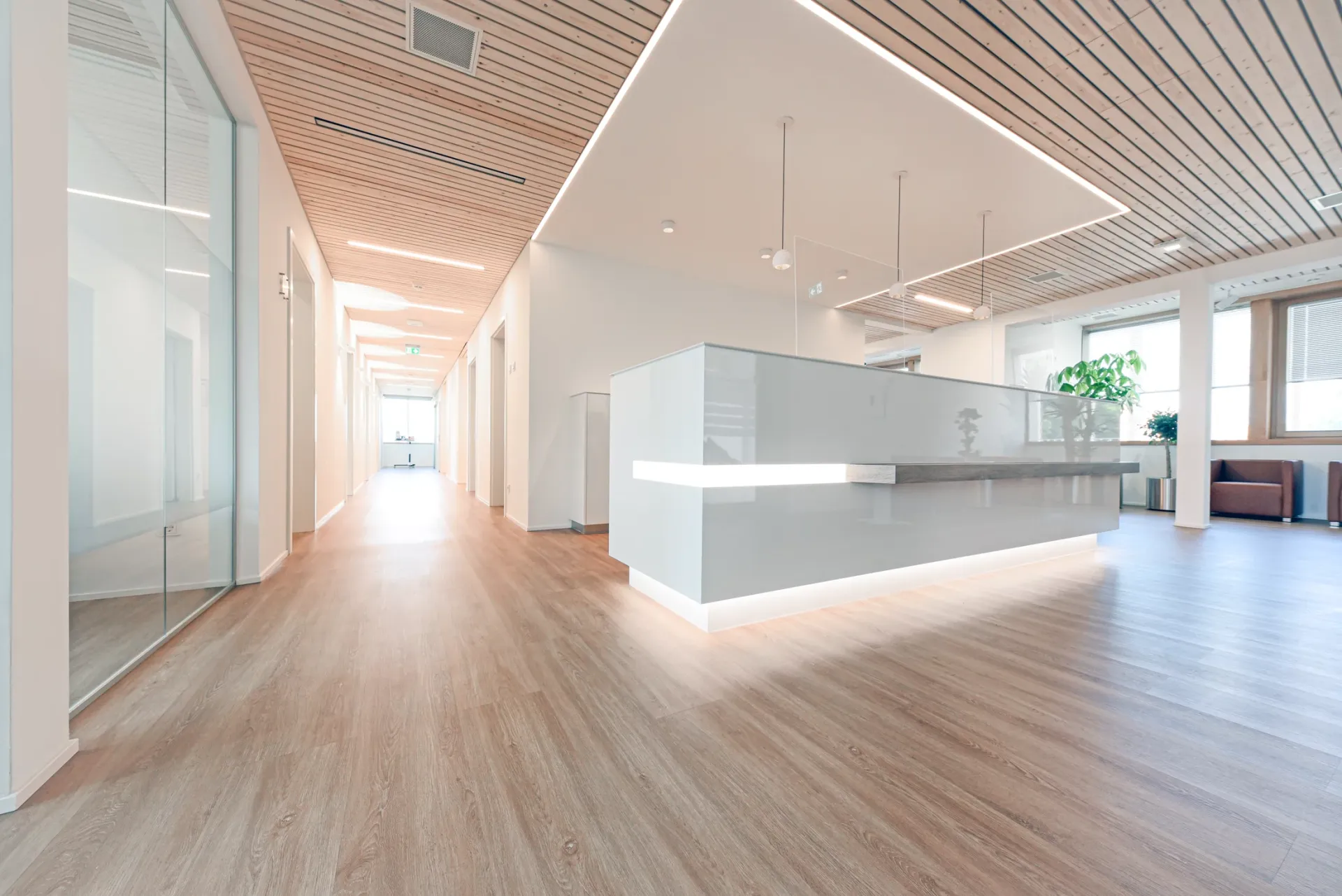 Empfangsbereich mit Holz-Designelementen und moderner Innenarchitektur.