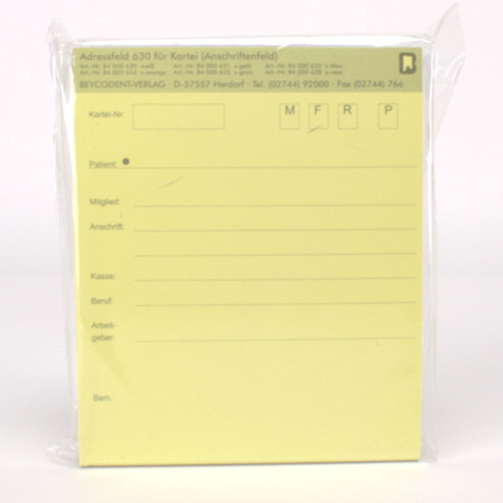 Adressfeld 630 für A5/SL Kartei + A4 Alpha 130 x 120 mm gelb, Packung