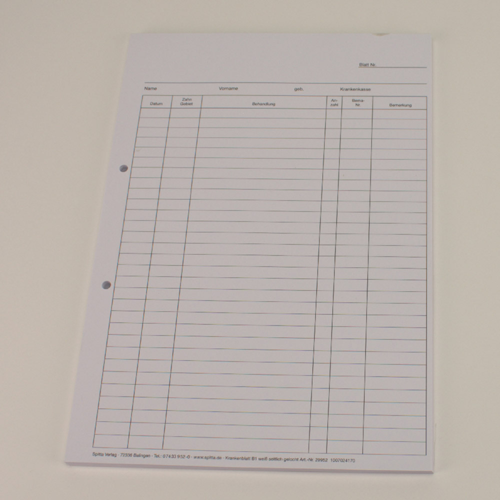 Krankenblatt B1 seitlich gelocht weiß, 100 Stück