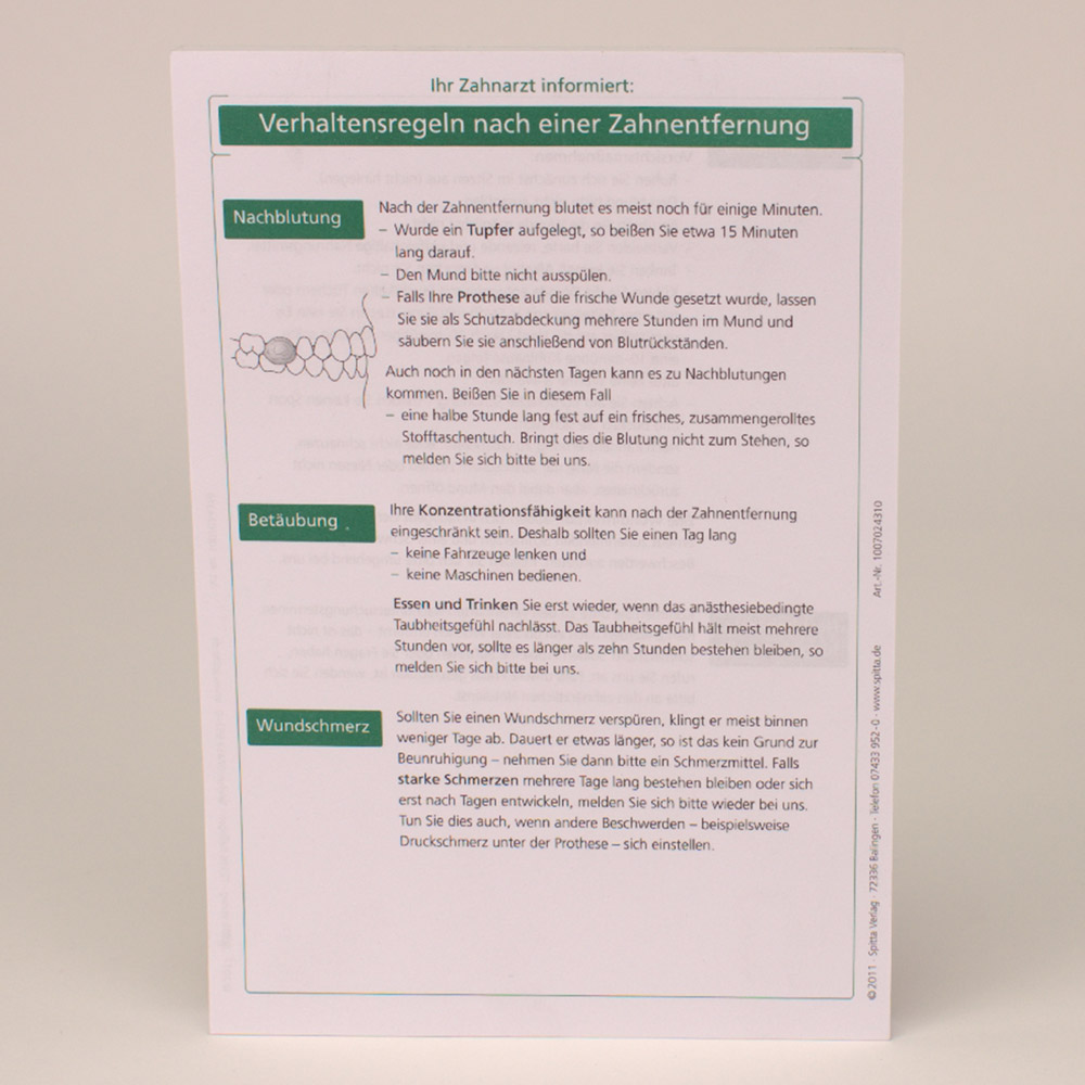 Merkblatt nach einer Zahnentfernung, 100 Stück