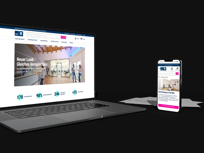 Das Bild zeigt das neue Design der dental bauer Website in einem Laptop- und Handy-Mockup