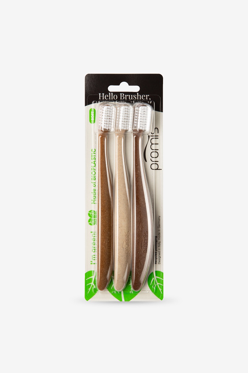 Promis Trio tandenborstels houtkleur, 3 stuks