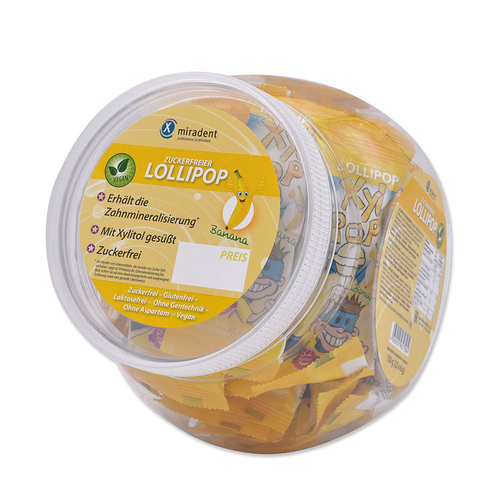 miradent XyliPOP Lolly Banaan in snoepdoos, 25 x 6 g